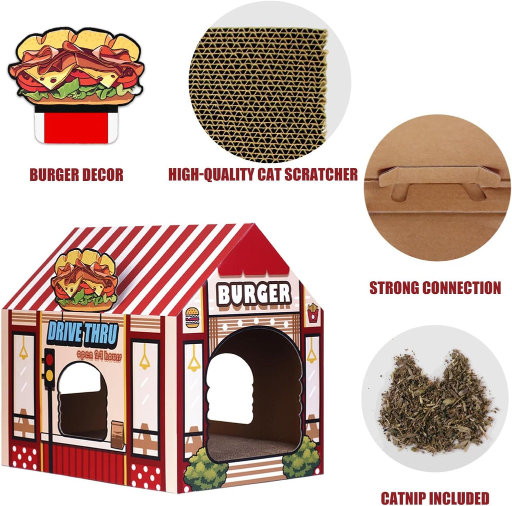 2-in-1 Cat House & Scratcher – Burger Shop Cardboard Design