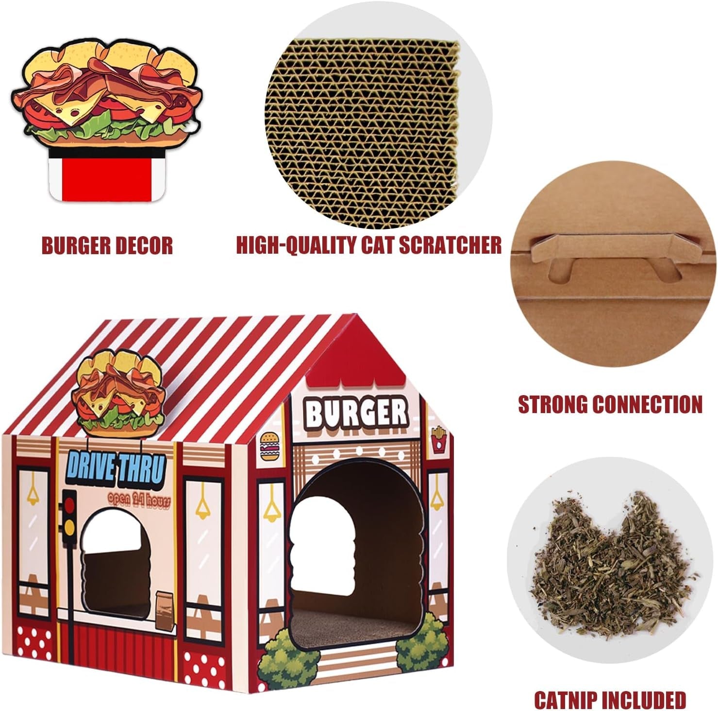 2-in-1 Cat House & Scratcher – Burger Shop Cardboard Design