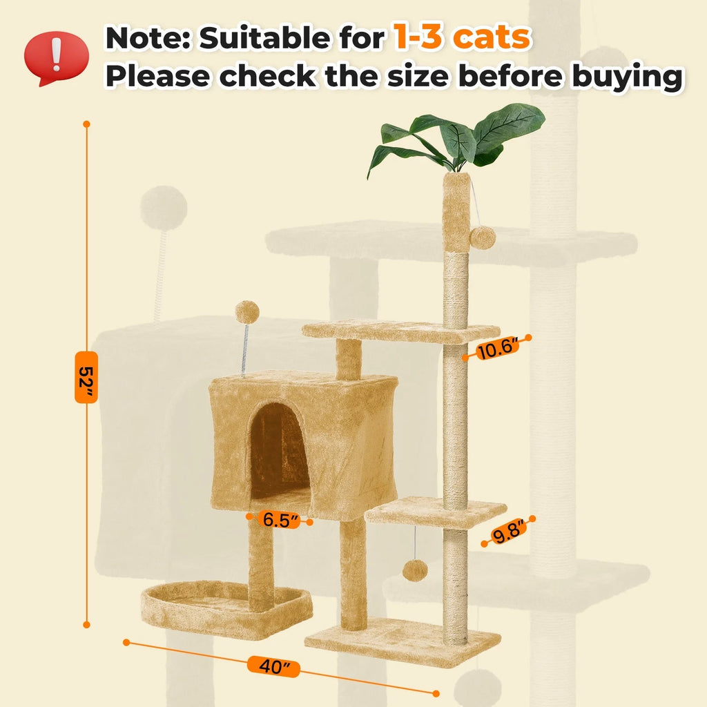 52" Cat Tree with Plush Perches and Sisal Scratching Posts