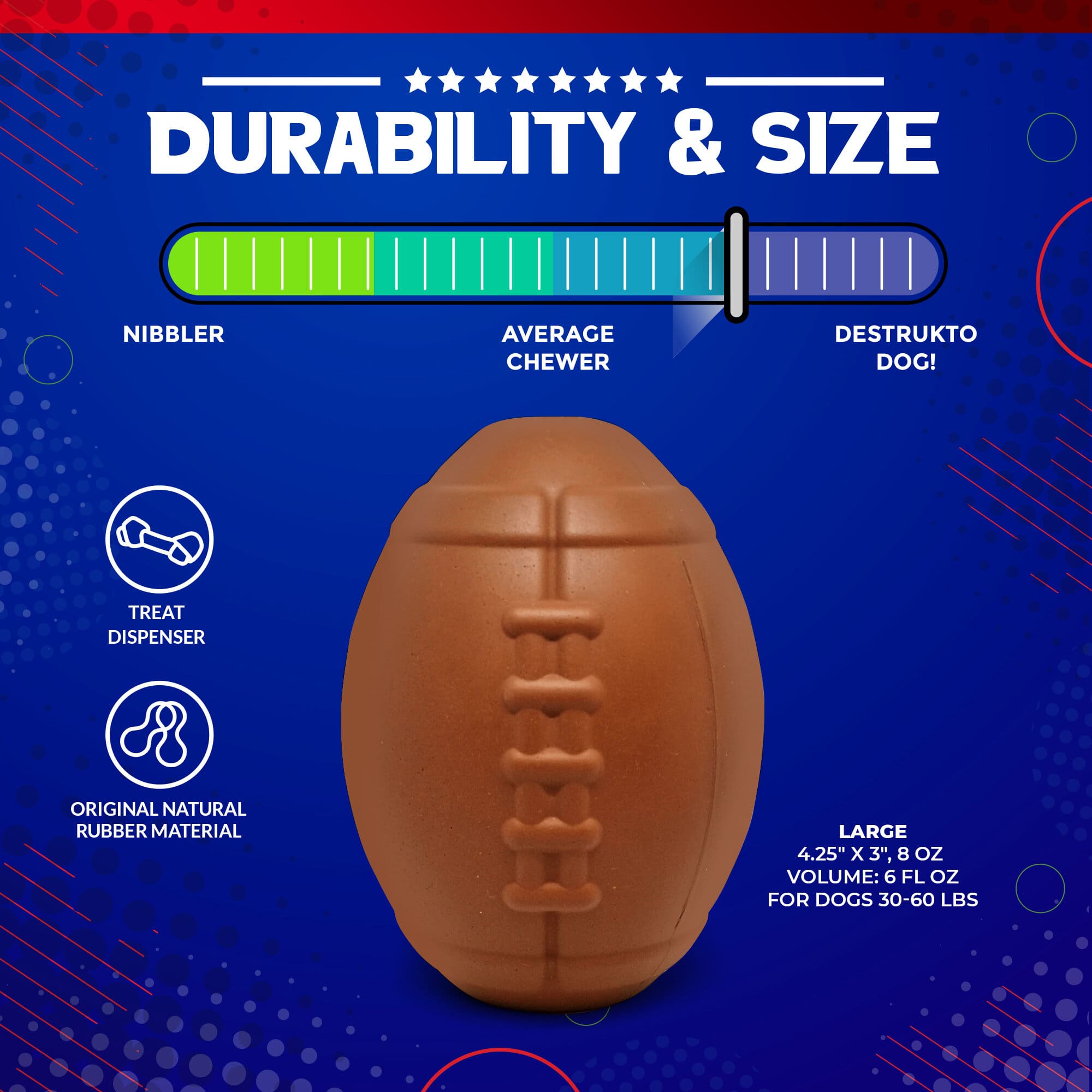 Football-Shaped Natural Rubber Dog Chew Toy & Treat Dispenser, Brown