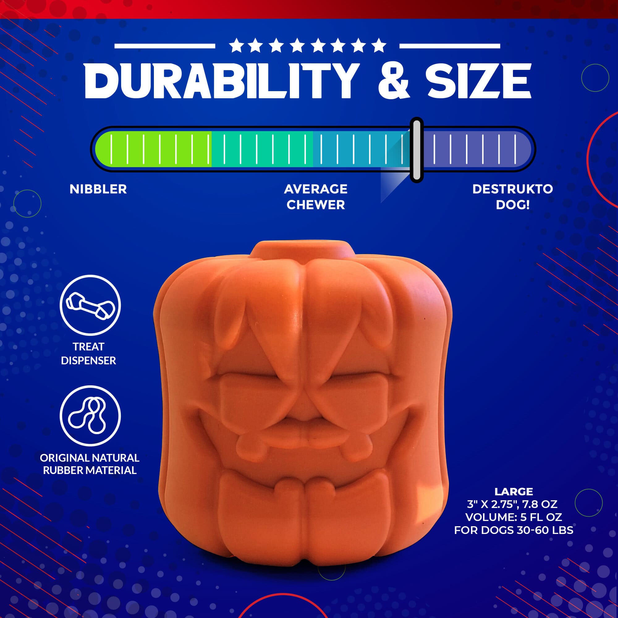 Jack O' Lantern Large Dog Chew Toy & Treat Dispenser, Natural Rubber