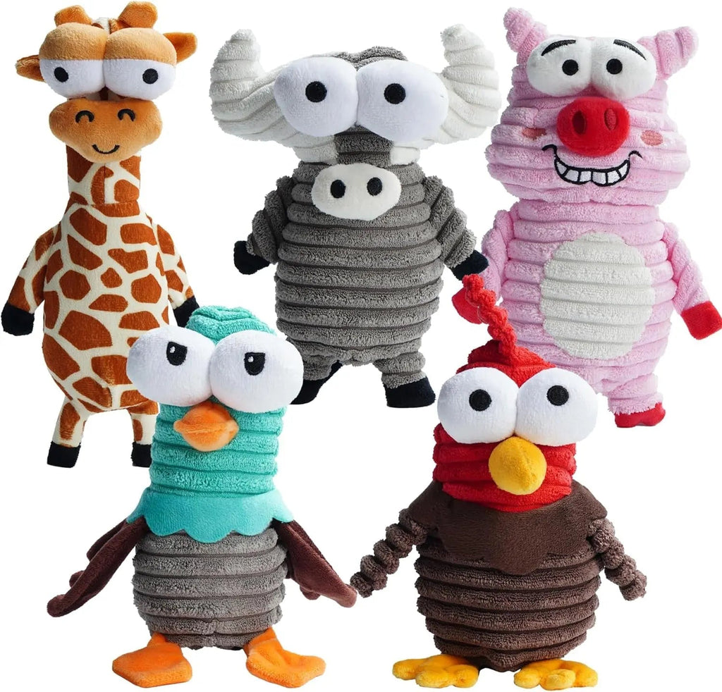 Plush Squeaky Dog Toy Set, 5 Animal Characters