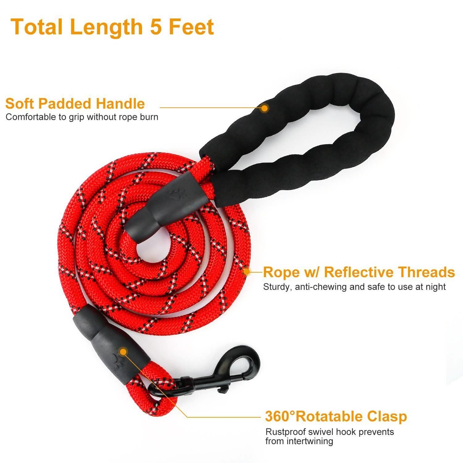 Reflective Double Dog Leash with Padded Handle, 5 ft, for Small/Medium Dogs