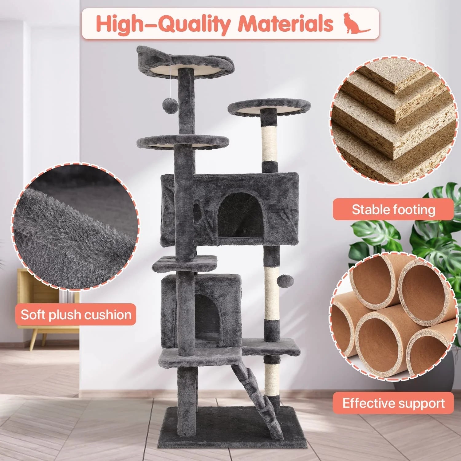 54-Inch Cat Tree with Sisal Scratching Posts, Ashy