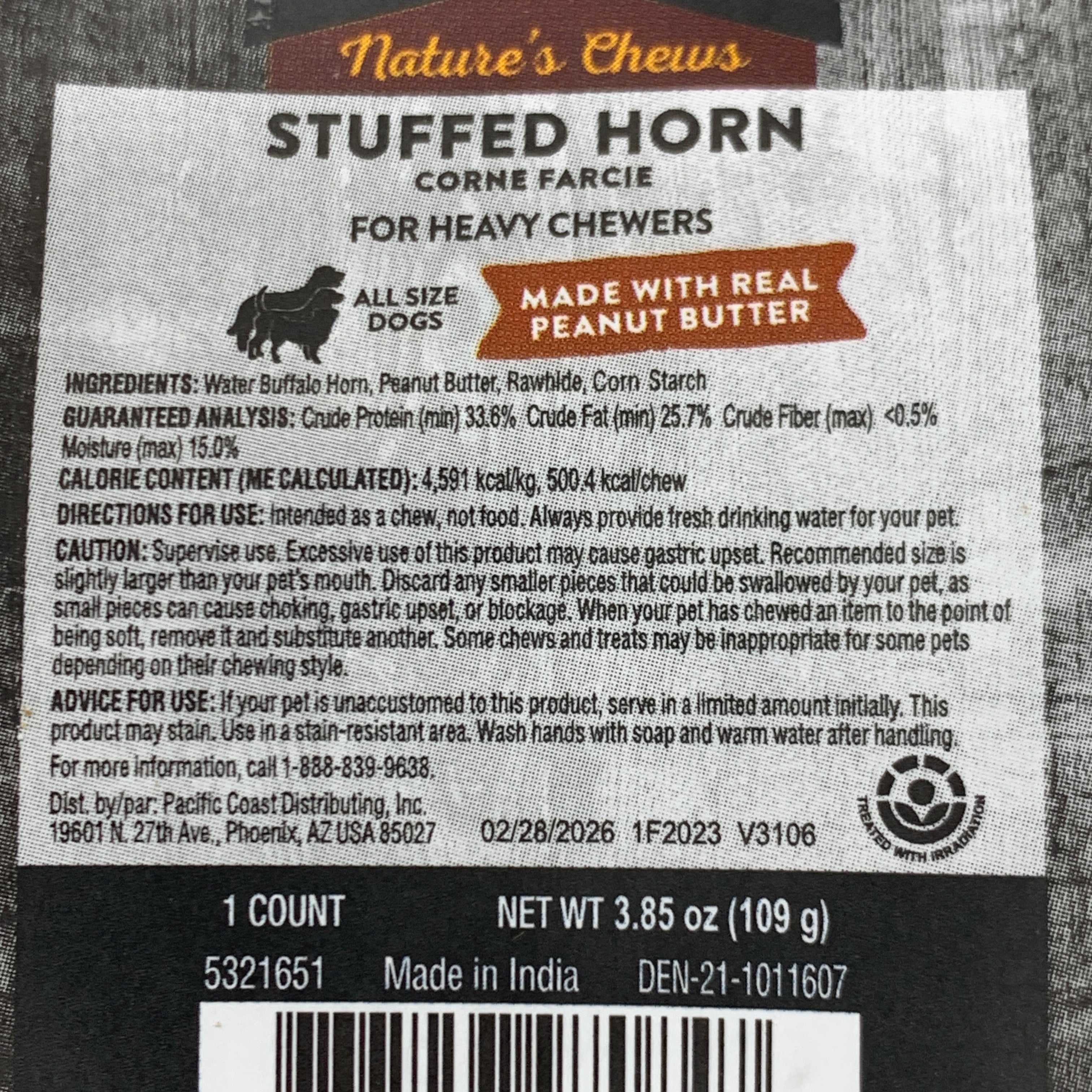 Peanut Butter Filled Buffalo Horn Dog Chews, 12 Pack