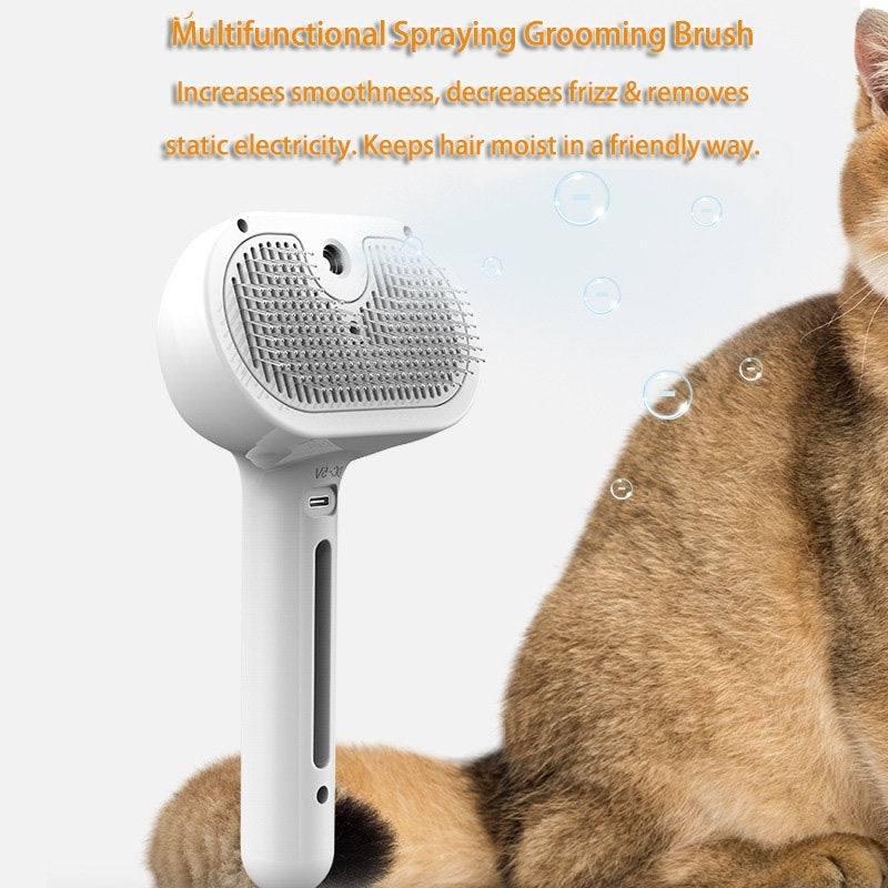 Pet Hair Brush with Angled Bristles and Misting Function, White