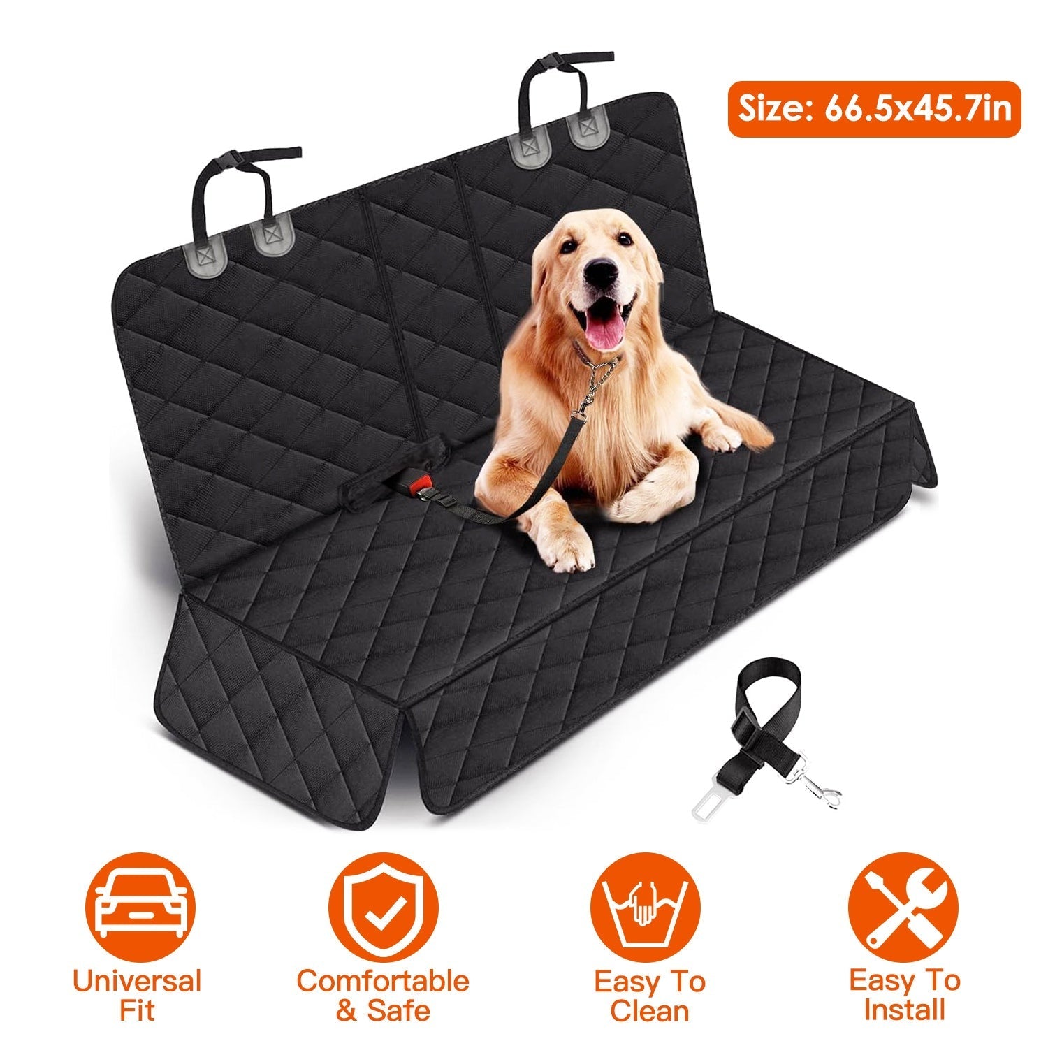 Dog Car Seat Cover with Seat Belt Attachment, Universal Fit
