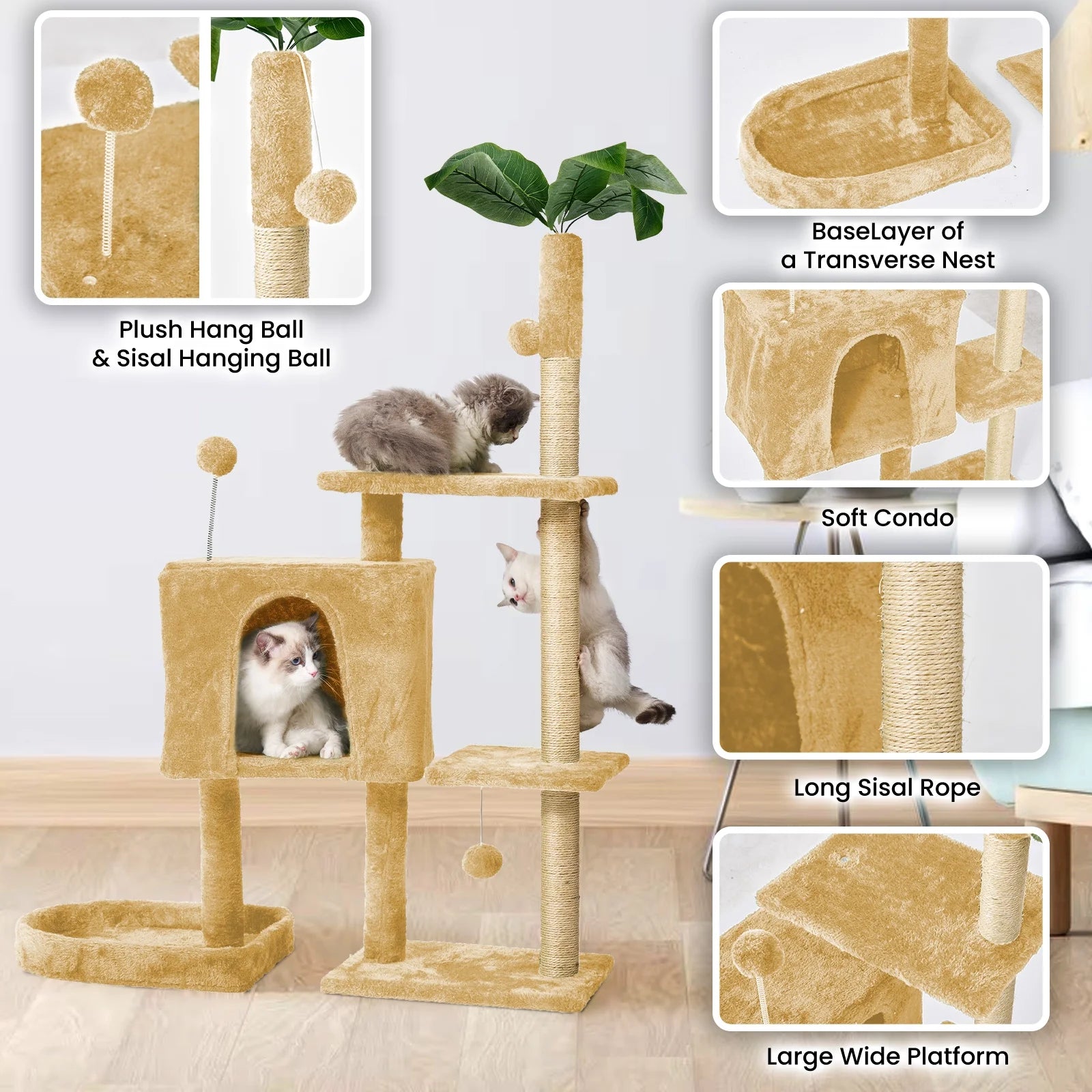 52" Cat Tree with Plush Perches and Sisal Scratching Posts