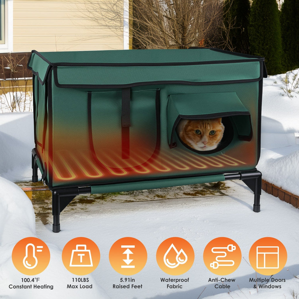 Heated Cat House with Weatherproof Oxford Fabric and Flannel Cover