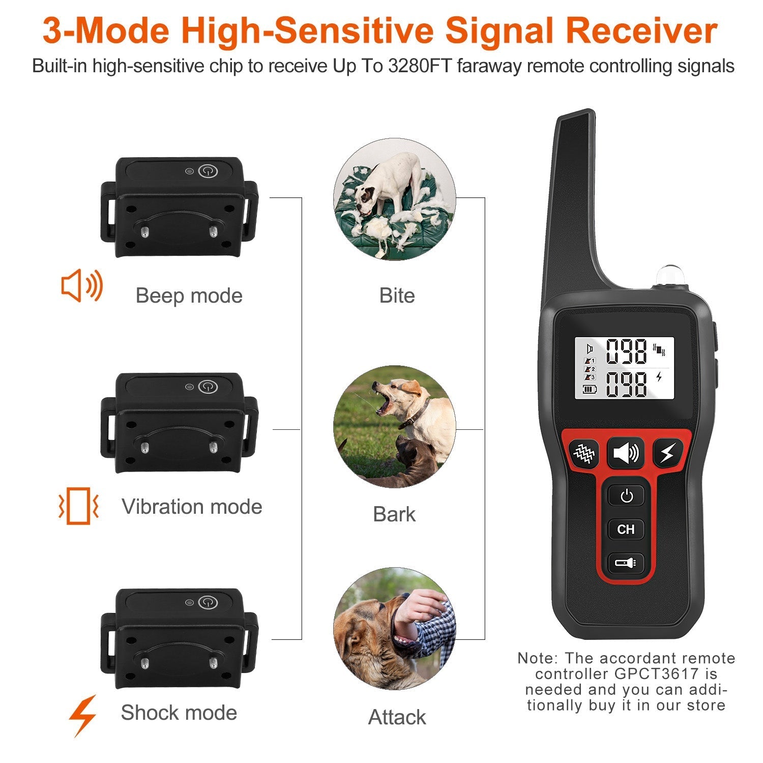 Dog Training Collar Receiver, Waterproof, 3280ft Range, 3 Modes