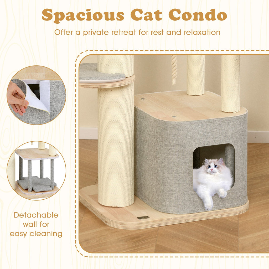 63 Inch Tall Cat Tree Modern Wooden Cat Tower with Perch Condo Hammock-Gray
