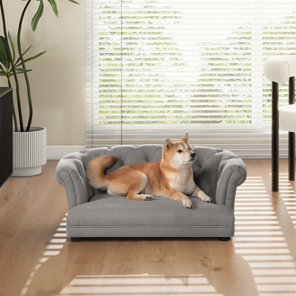 Gray Velvet Chesterfield Pet Sofa for Small and Medium Pets