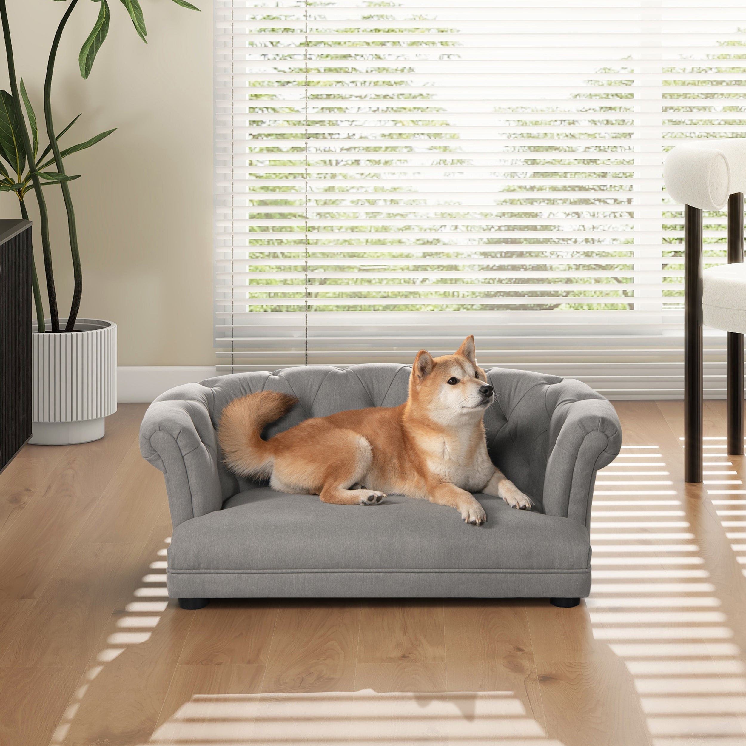 Gray Velvet Chesterfield Pet Sofa for Small and Medium Pets