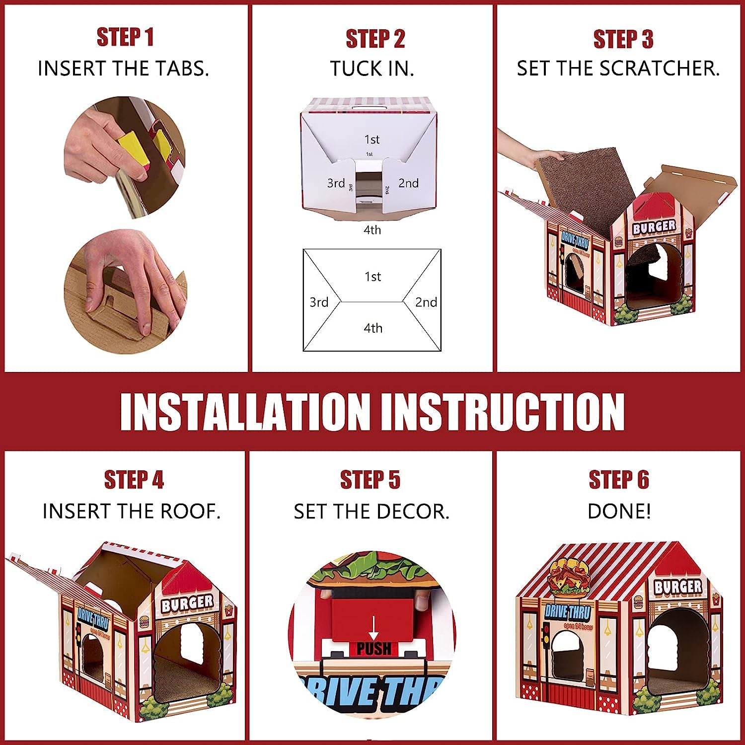 2-in-1 Cat House & Scratcher – Burger Shop Cardboard Design