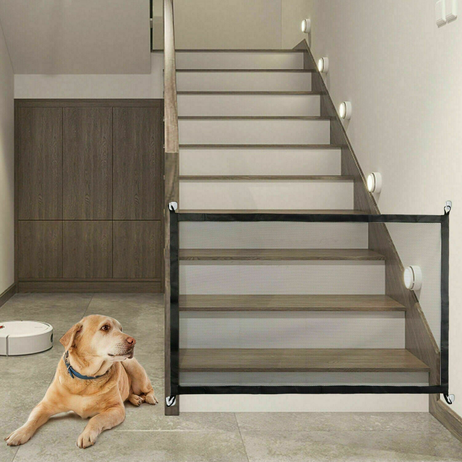 Retractable Mesh Pet Safety Gate – Portable, Pressure-Mounted Barrier