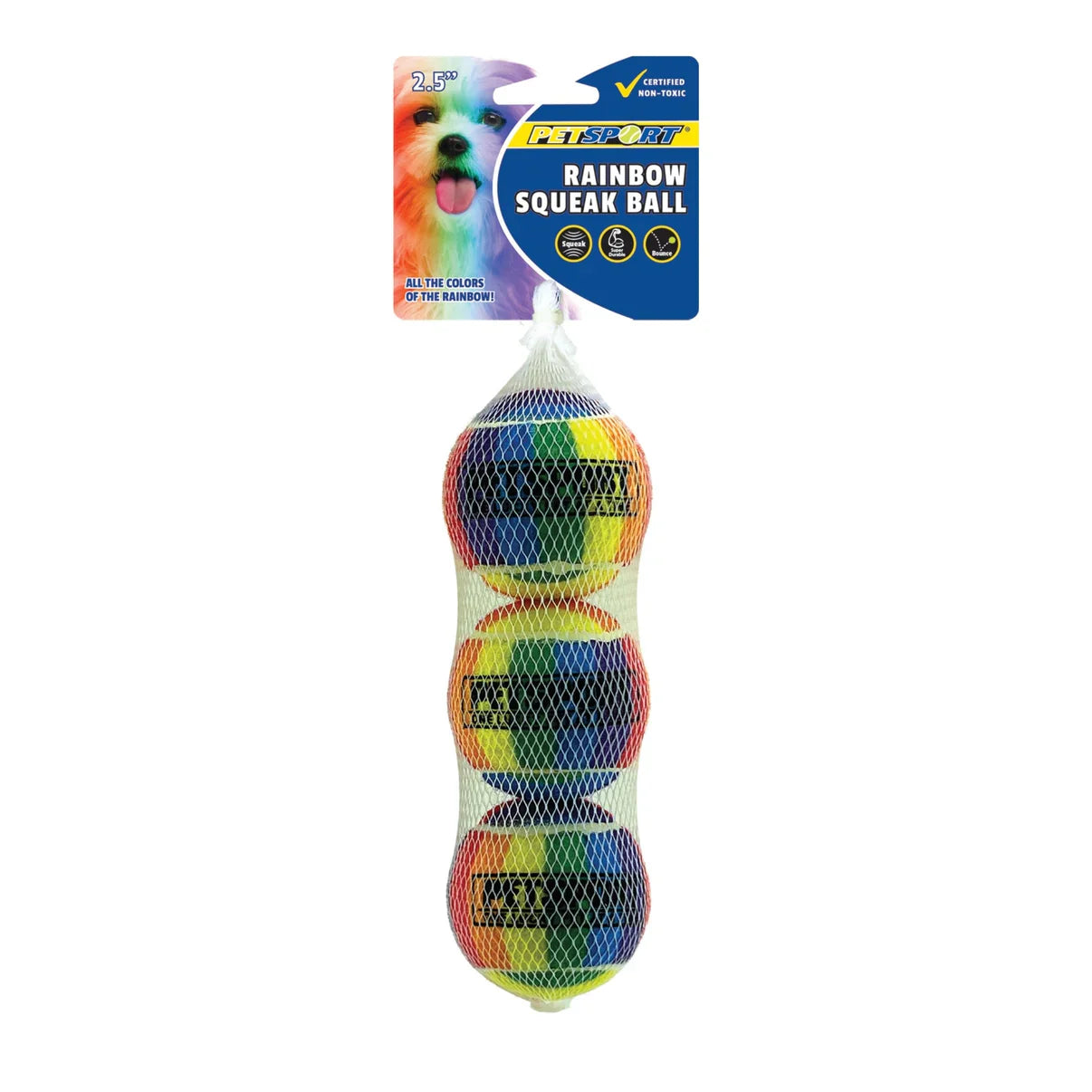 Rainbow Dog Balls 3-Pack, 2.5" with Squeaker for Medium/Large Dogs