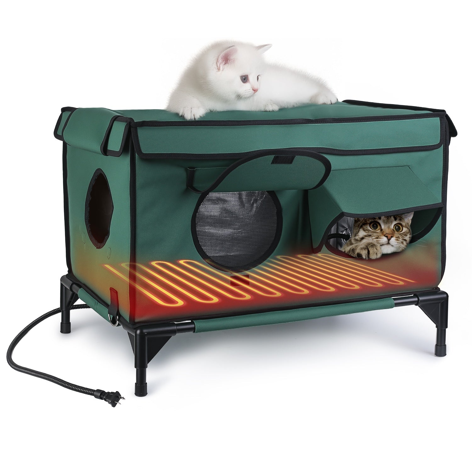 Heated Cat House with Weatherproof Oxford Fabric and Flannel Cover