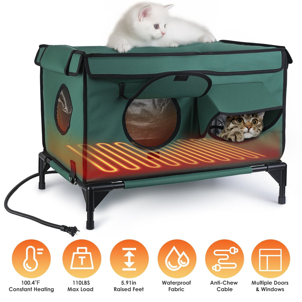 Heated Cat House with Weatherproof Oxford Fabric and Flannel Cover