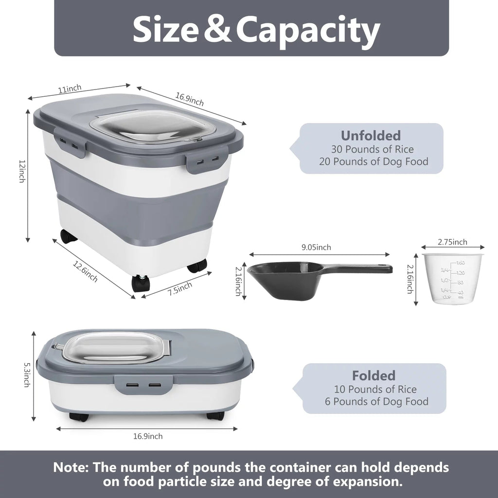 Collapsible Pet Food Storage Container with Wheels, 20 lb Capacity