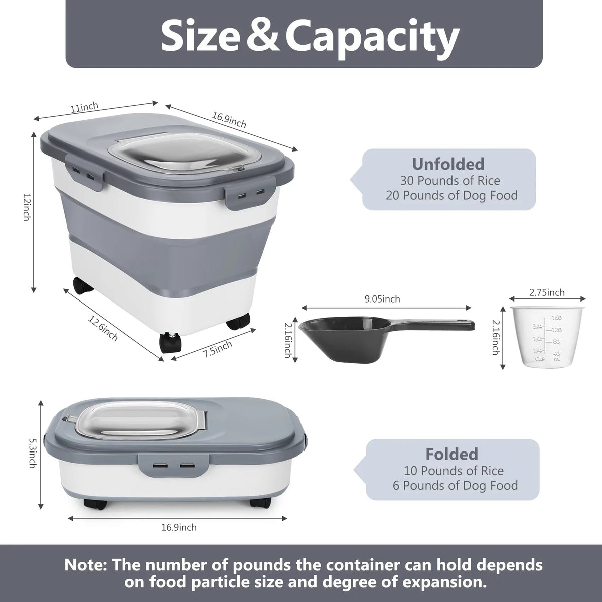 Collapsible Pet Food Storage Container with Wheels, 20 lb Capacity