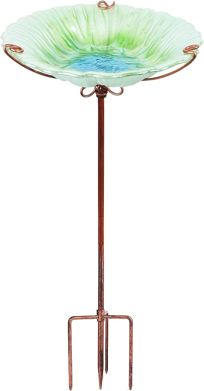 26 Inch Height Glass Birdbath Birdfeeder with Metal Stake Garden Outdoor Green