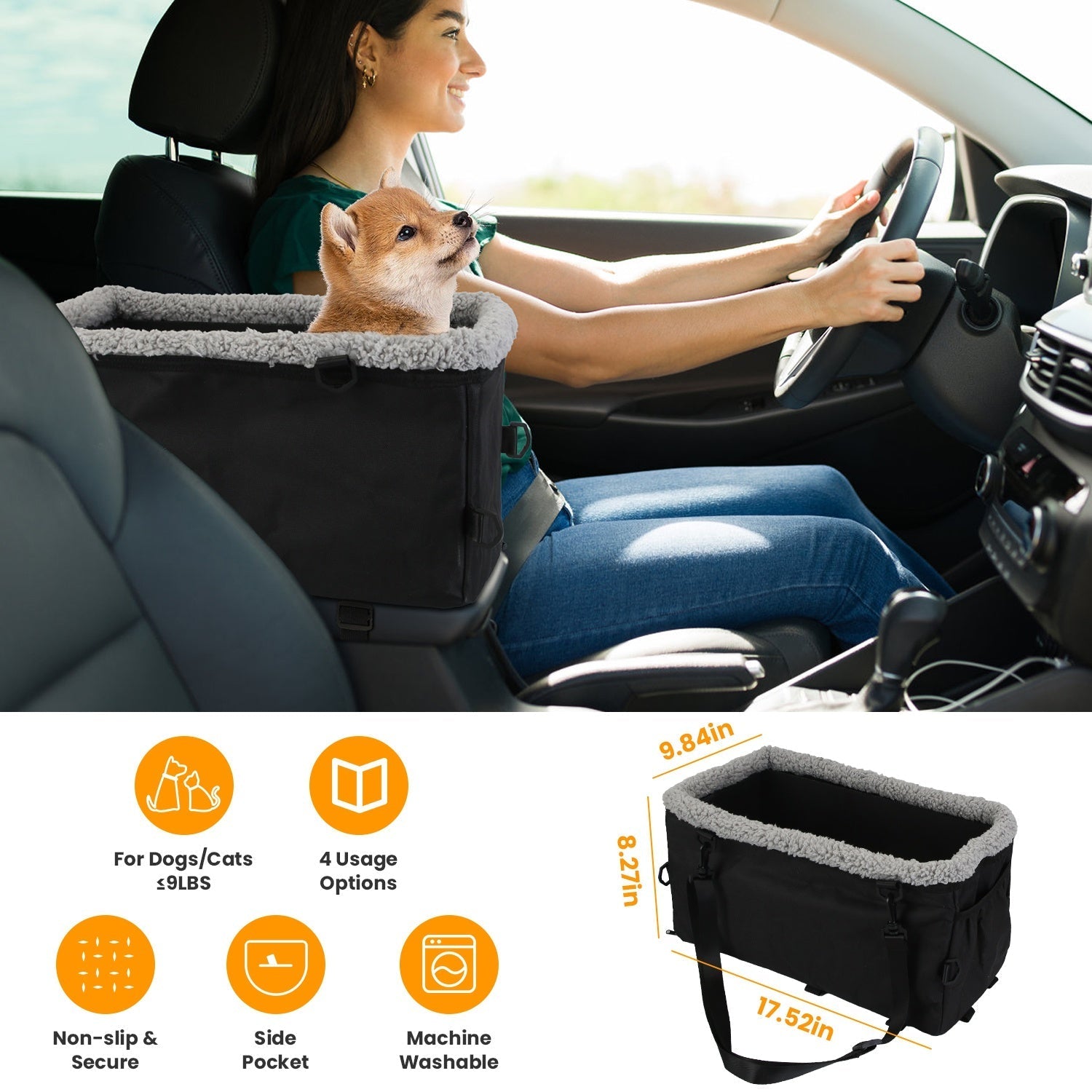 Small Pet Car Seat for Center Console, Up to 9 lbs