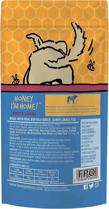 Udder Sticks Crunchy Dog Treats with Water Buffalo and Honey, 4 oz