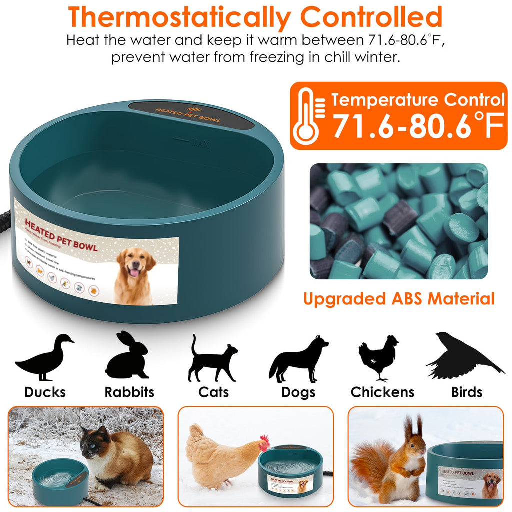 Heated Pet Water Bowl, 74.4 oz, IP67 Waterproof for Dogs, Cats & Rabbits