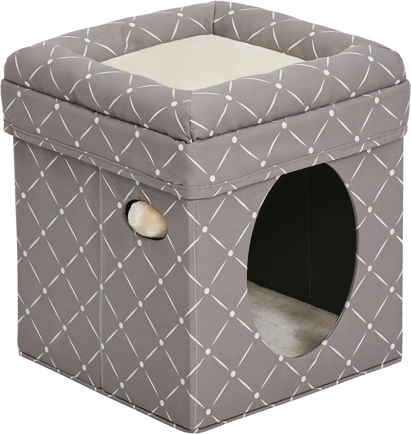 Cat Cube with Mushroom Diamond Print, Collapsible with Cushioned Top