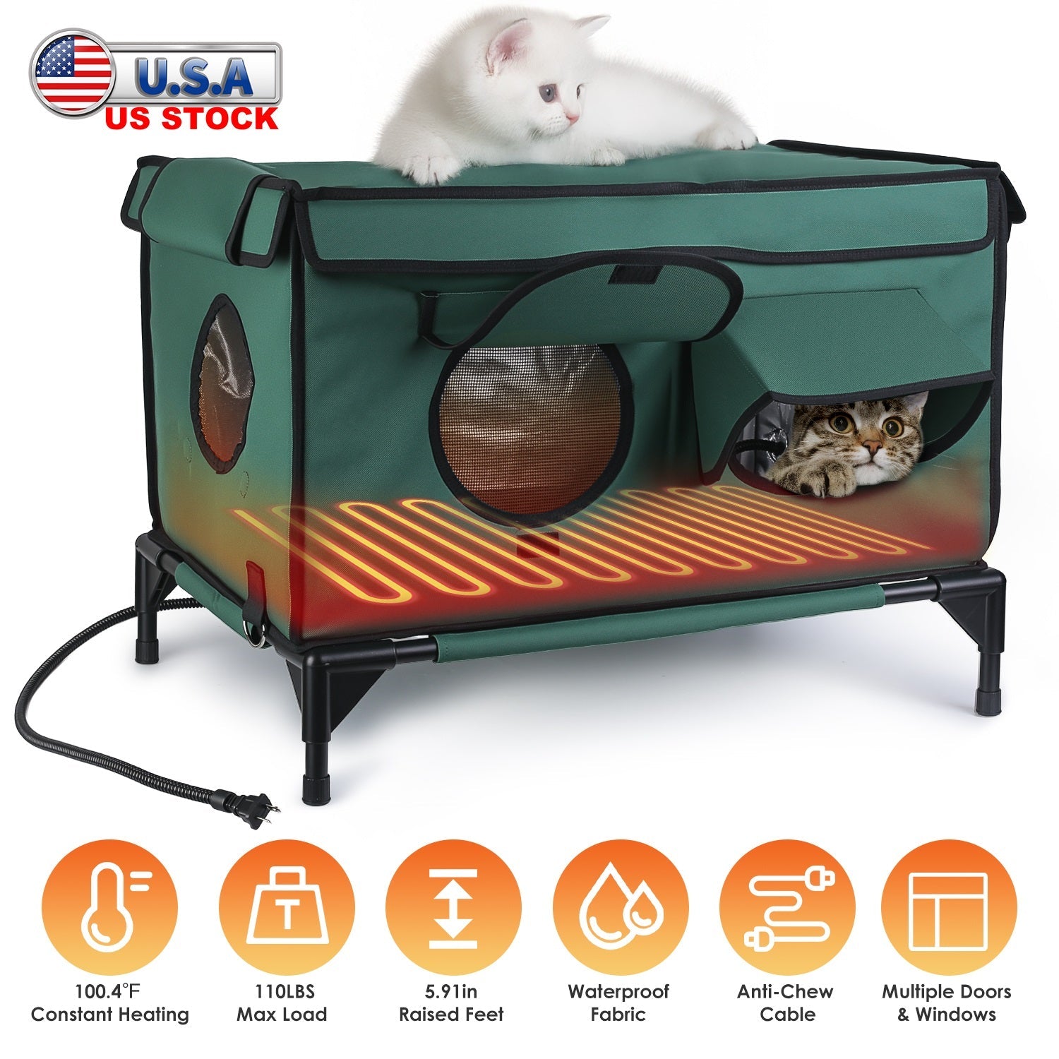 Heated Cat House with Weatherproof Oxford Fabric and Flannel Cover