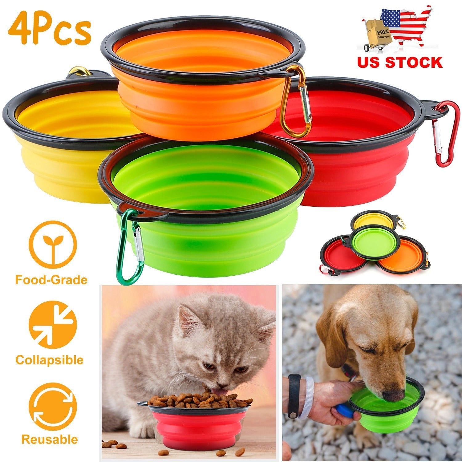 Collapsible Silicone Dog Bowls Set of 4 with Carabiners