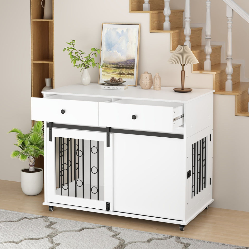 Modern White Wooden Dog Crate with Sliding Barn Door and Storage Drawers