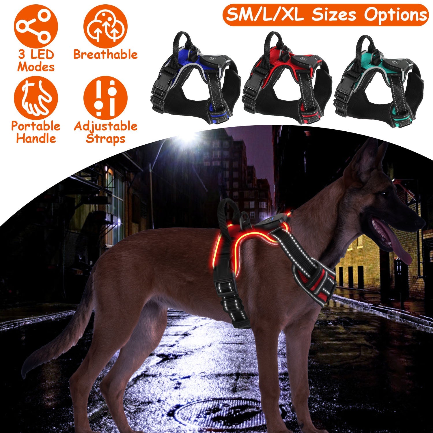 Rechargeable LED Dog Harness with No-Pull Design and Handle