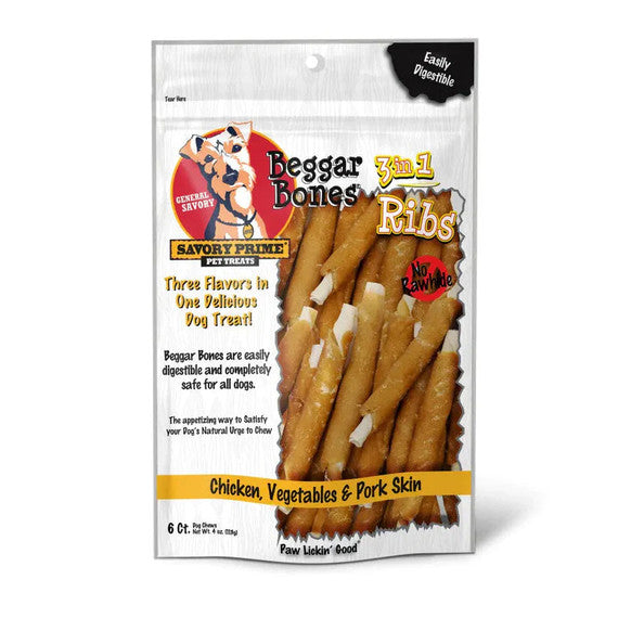 Beggar Bones 3in1 Ribs Dog Chews with Chicken, Pork, and Vegetables