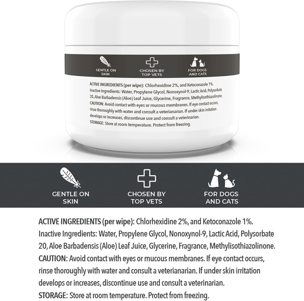 Chlorhexidine & Ketoconazole Medicated Pet Wipes for Dogs & Cats