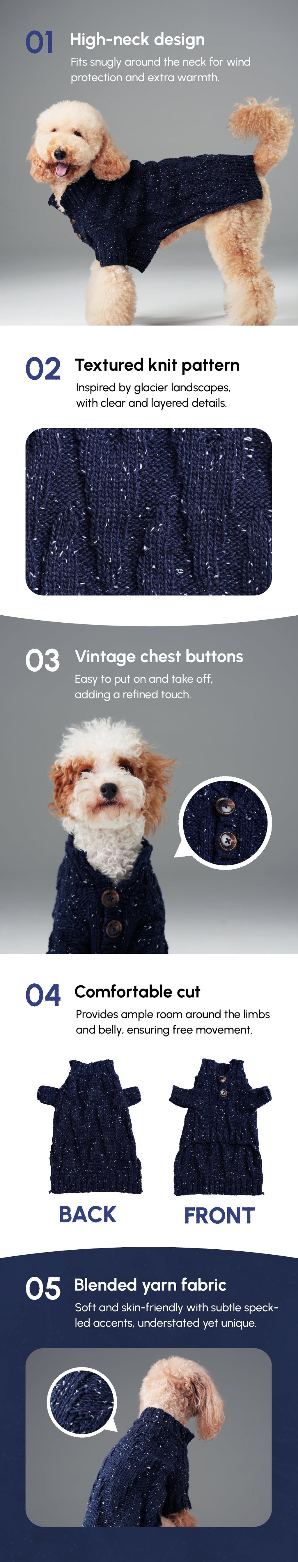 High-Neck Textured Knit Dog Sweater with Chest Buttons