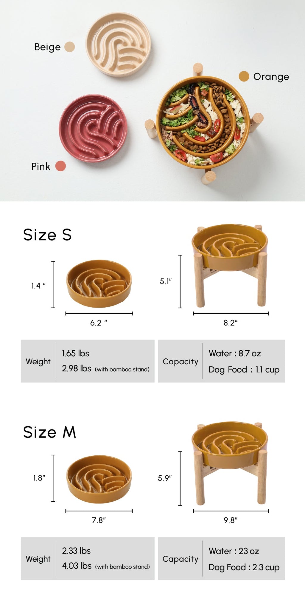 Ceramic Dog Bowl with Non-Slip Base and Optional Wooden Stand