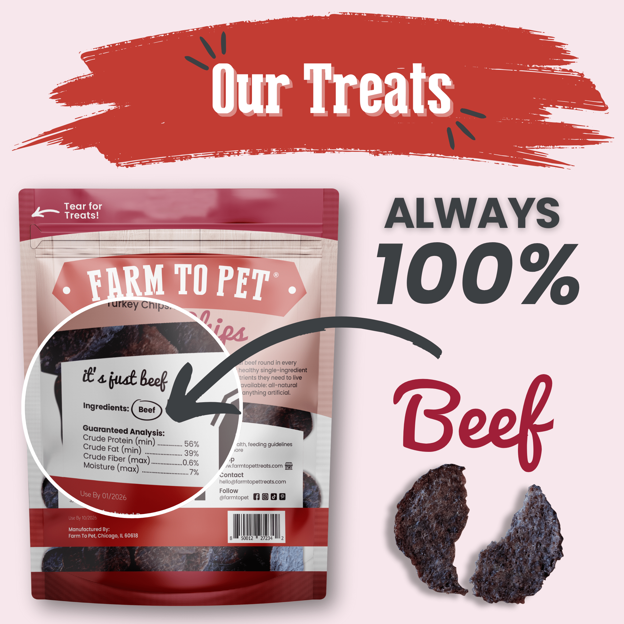 Farm to Pet Beef Chips Dog Treats – Single Ingredient, 100% Beef