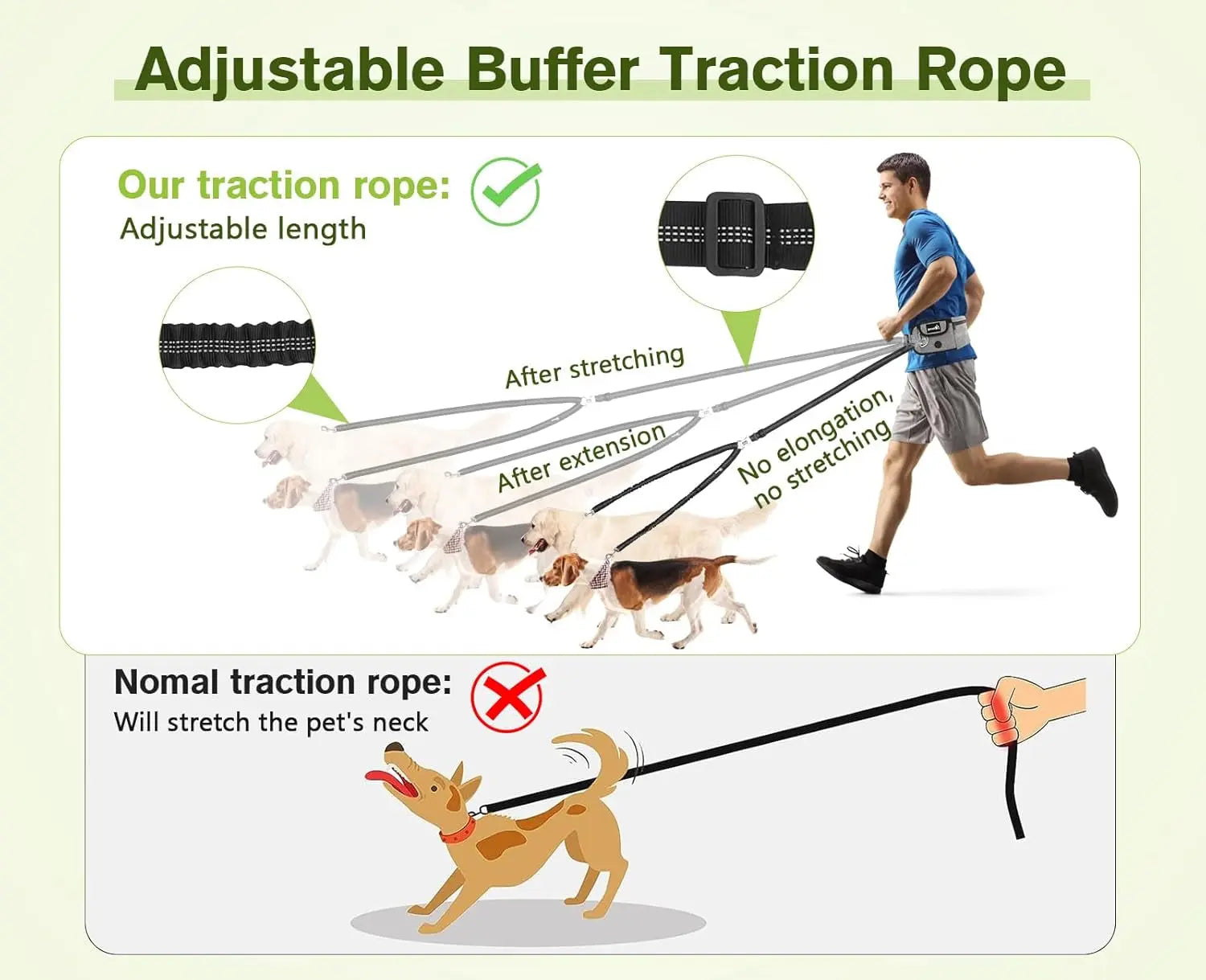 Hands Free Dog Leash Dual Bungee Adjustable Waist Belt Running Walking