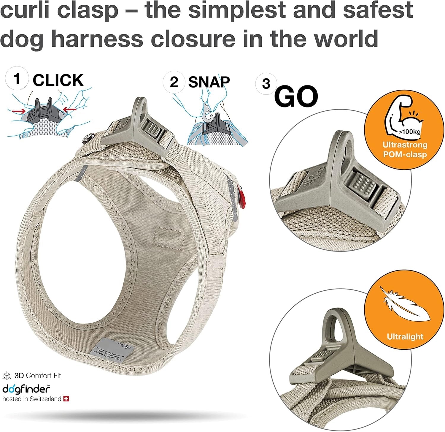 curli Clasp Dog Harness with Lightweight Air Mesh and Reflective Trim