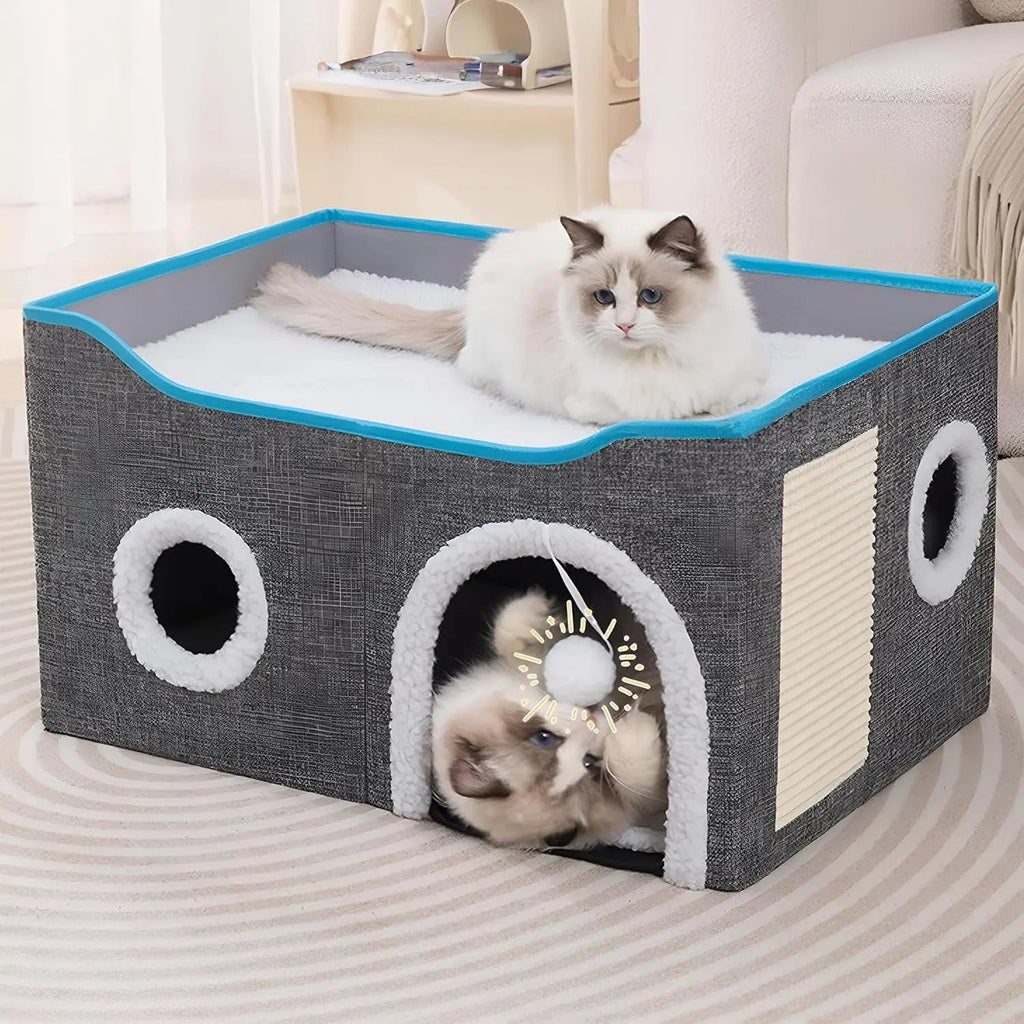 Indoor Cat House Cube with Scratch Pad and Reversible Cushions