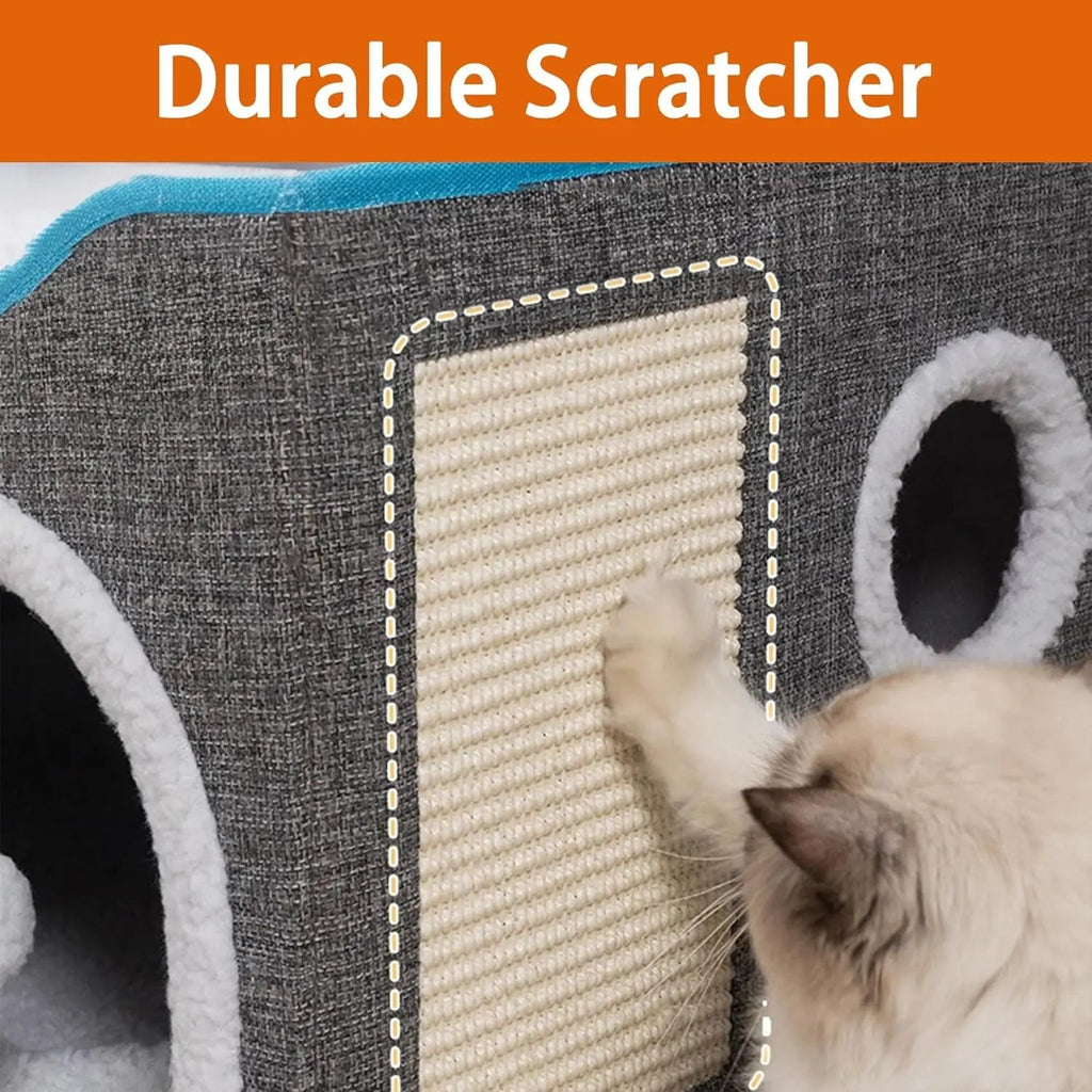 Indoor Cat House Cube with Scratch Pad and Reversible Cushions