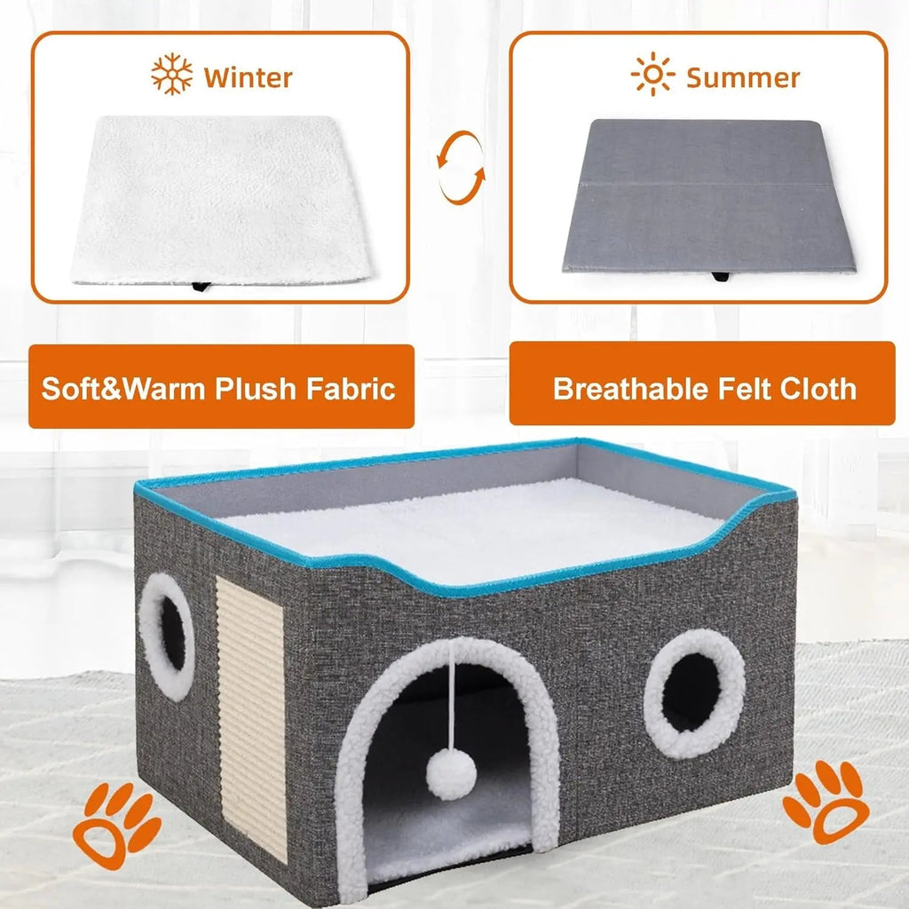 Indoor Cat House Cube with Scratch Pad and Reversible Cushions