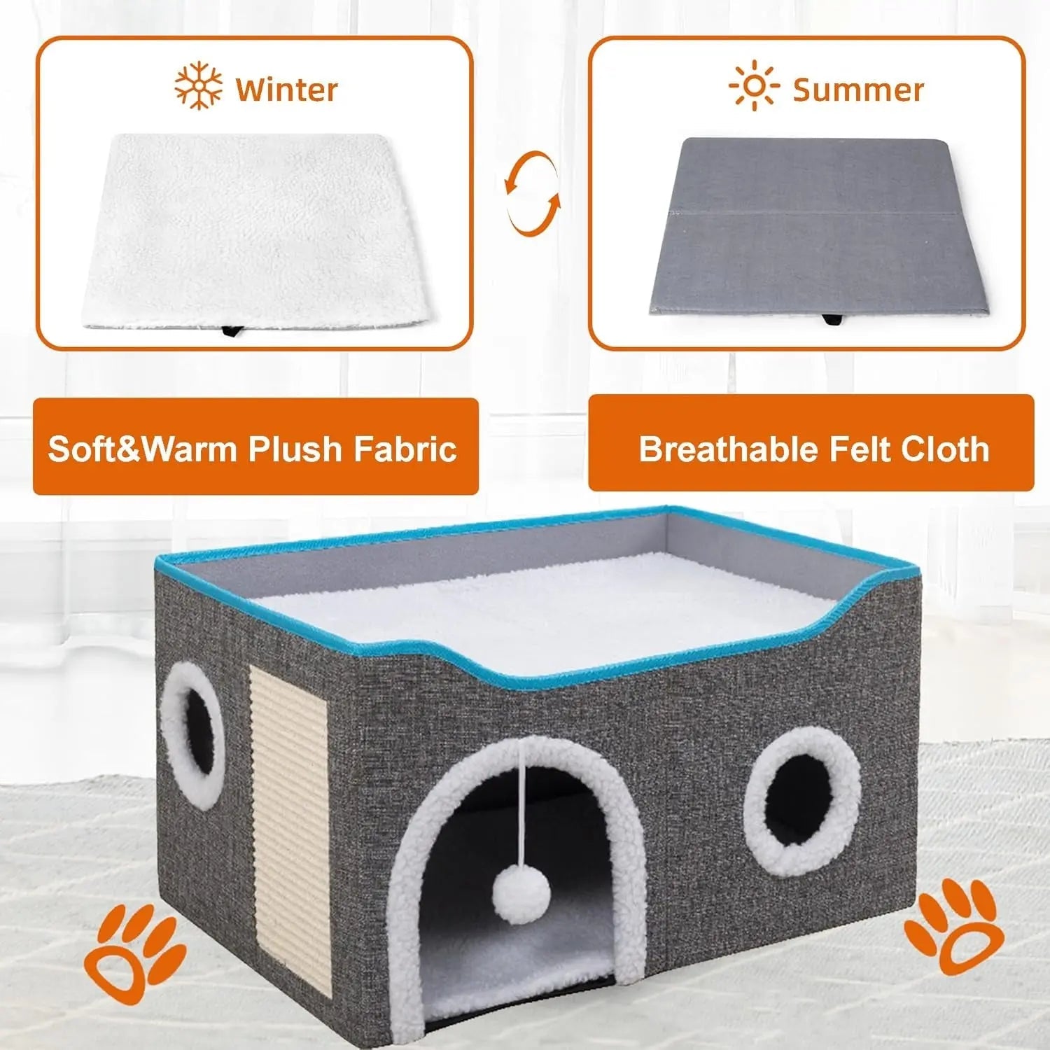 Indoor Cat House Cube with Scratch Pad and Reversible Cushions
