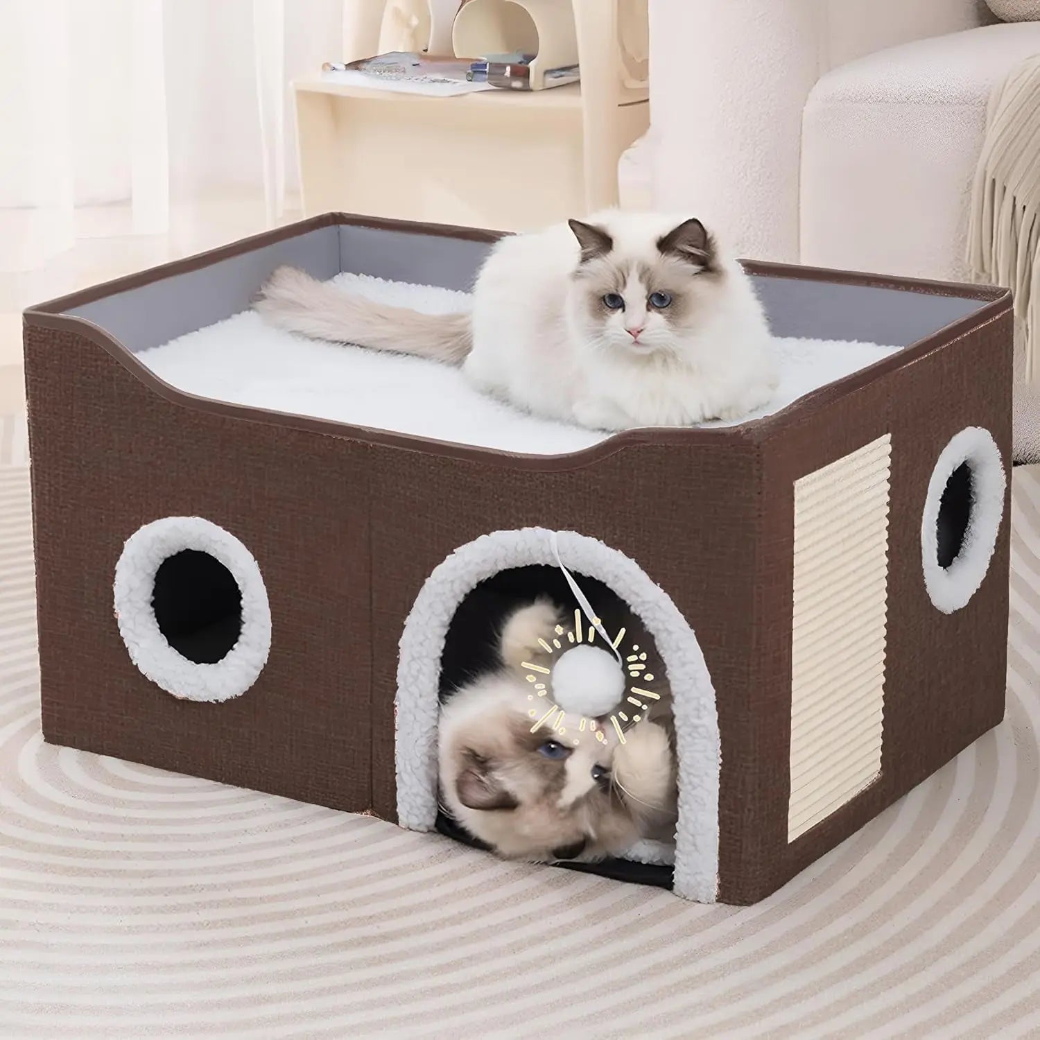 Indoor Cat House Cube with Scratch Pad and Reversible Cushions