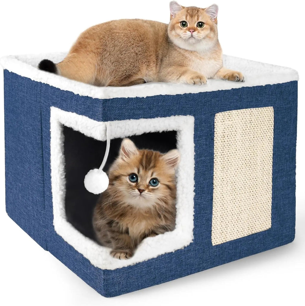Indoor Cat House Cube with Scratch Pad and Reversible Cushions