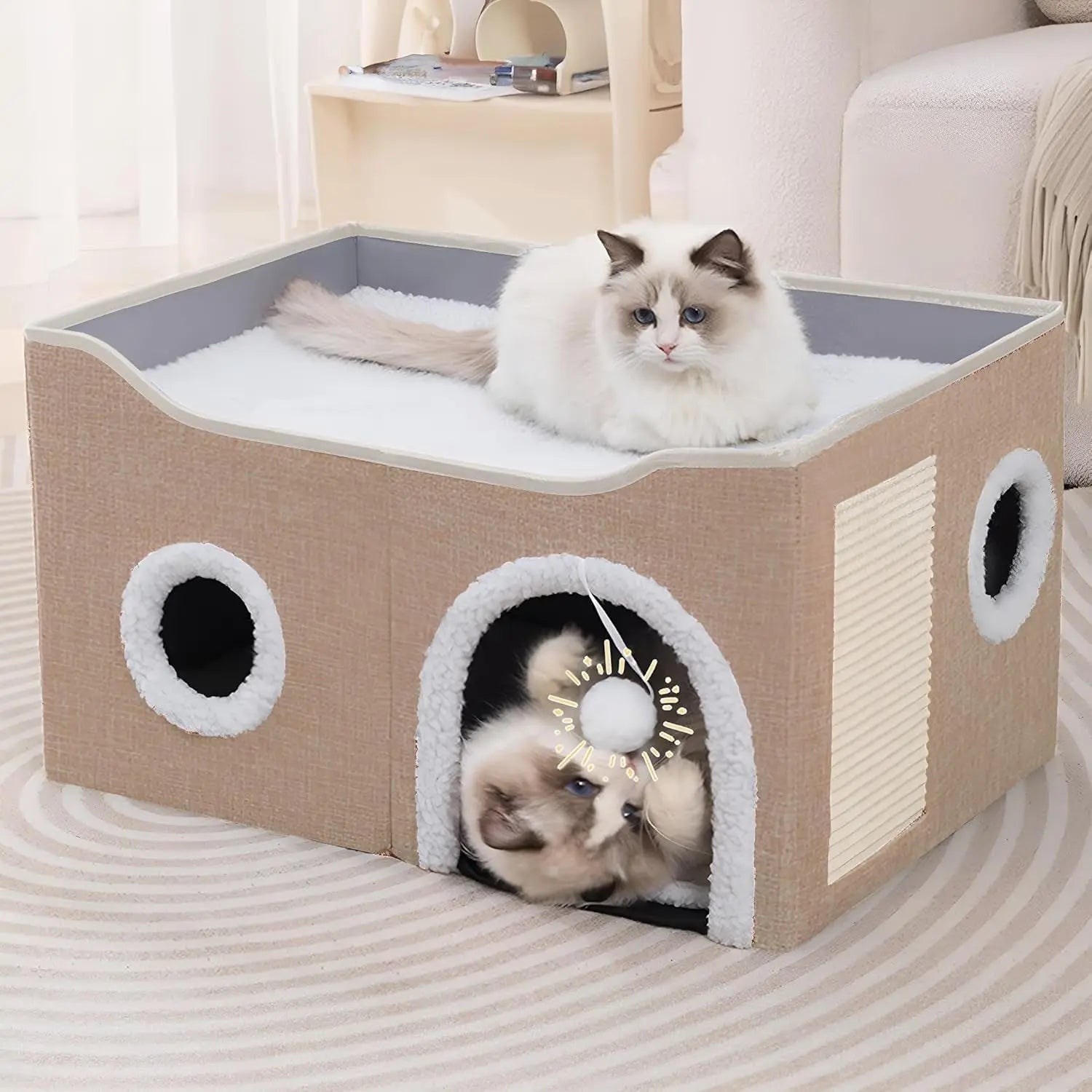 Indoor Cat House Cube with Scratch Pad and Reversible Cushions