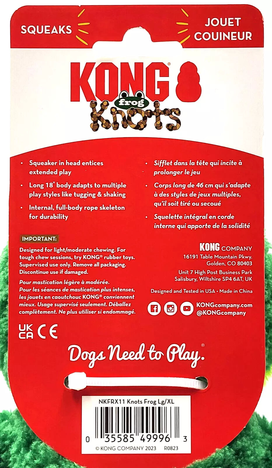 KONG Knots Frog Dog Toy L/XL – 18 Inch, Rope Core, Squeaker