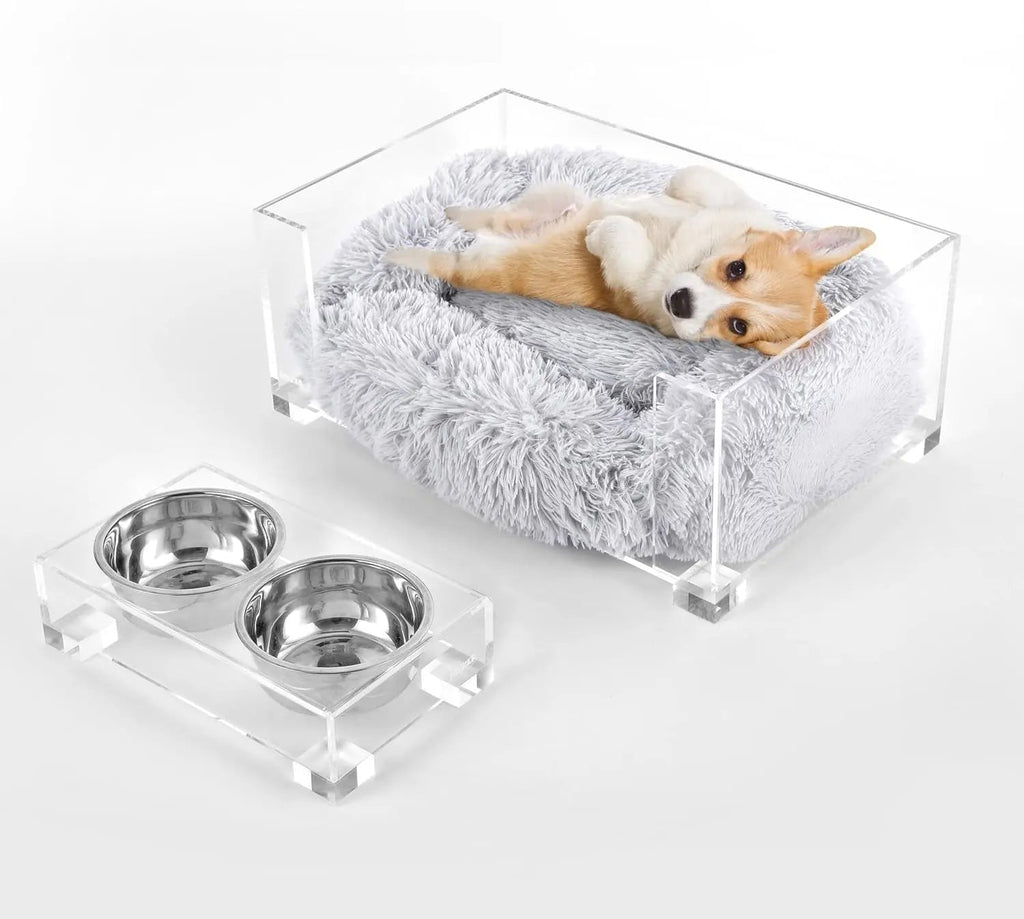 Acrylic Pet Bed and Elevated Feeder Set for Cats & Small Dogs
