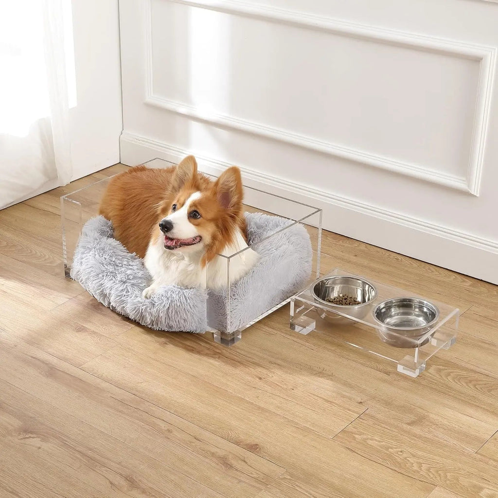Acrylic Pet Bed and Elevated Feeder Set for Cats & Small Dogs